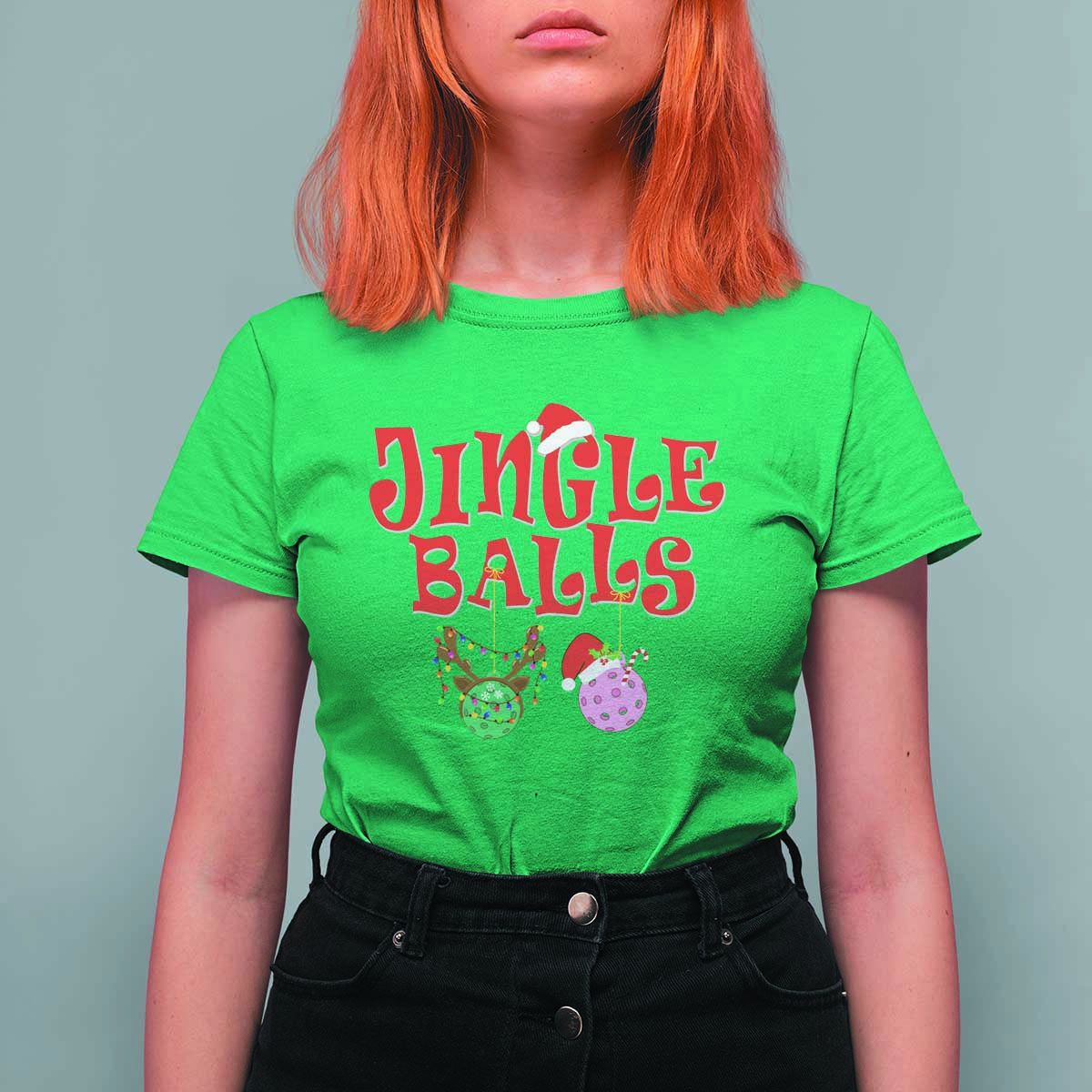 Funny Christmas Pickleball T Shirt For Women Jingle Balls Reindeer Santa Hat Ball - Wonder Print Shop