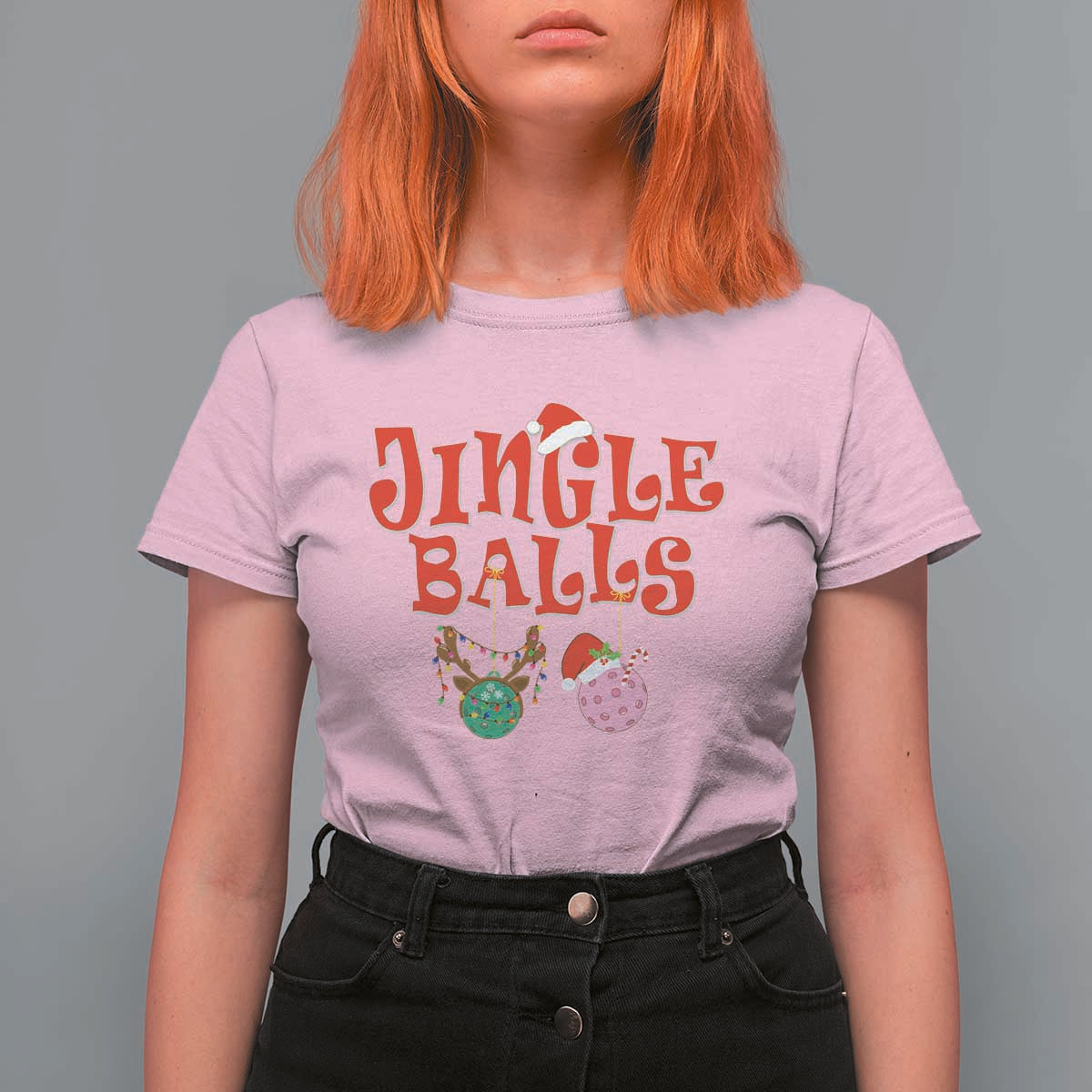 Funny Christmas Pickleball T Shirt For Women Jingle Balls Reindeer Santa Hat Ball - Wonder Print Shop