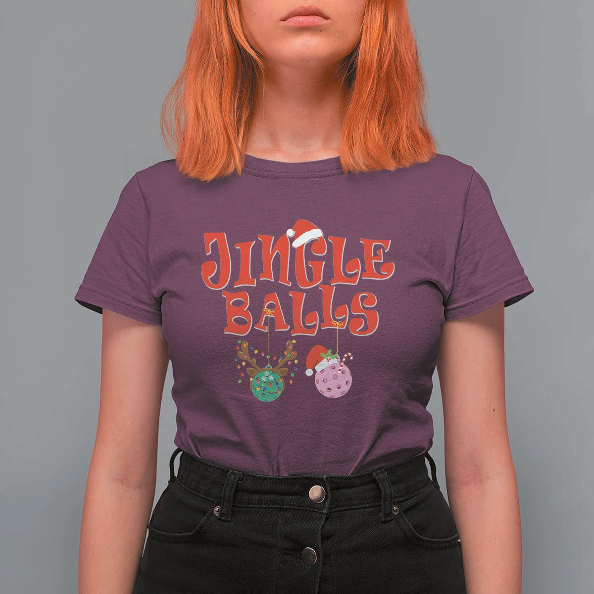 Funny Christmas Pickleball T Shirt For Women Jingle Balls Reindeer Santa Hat Ball - Wonder Print Shop