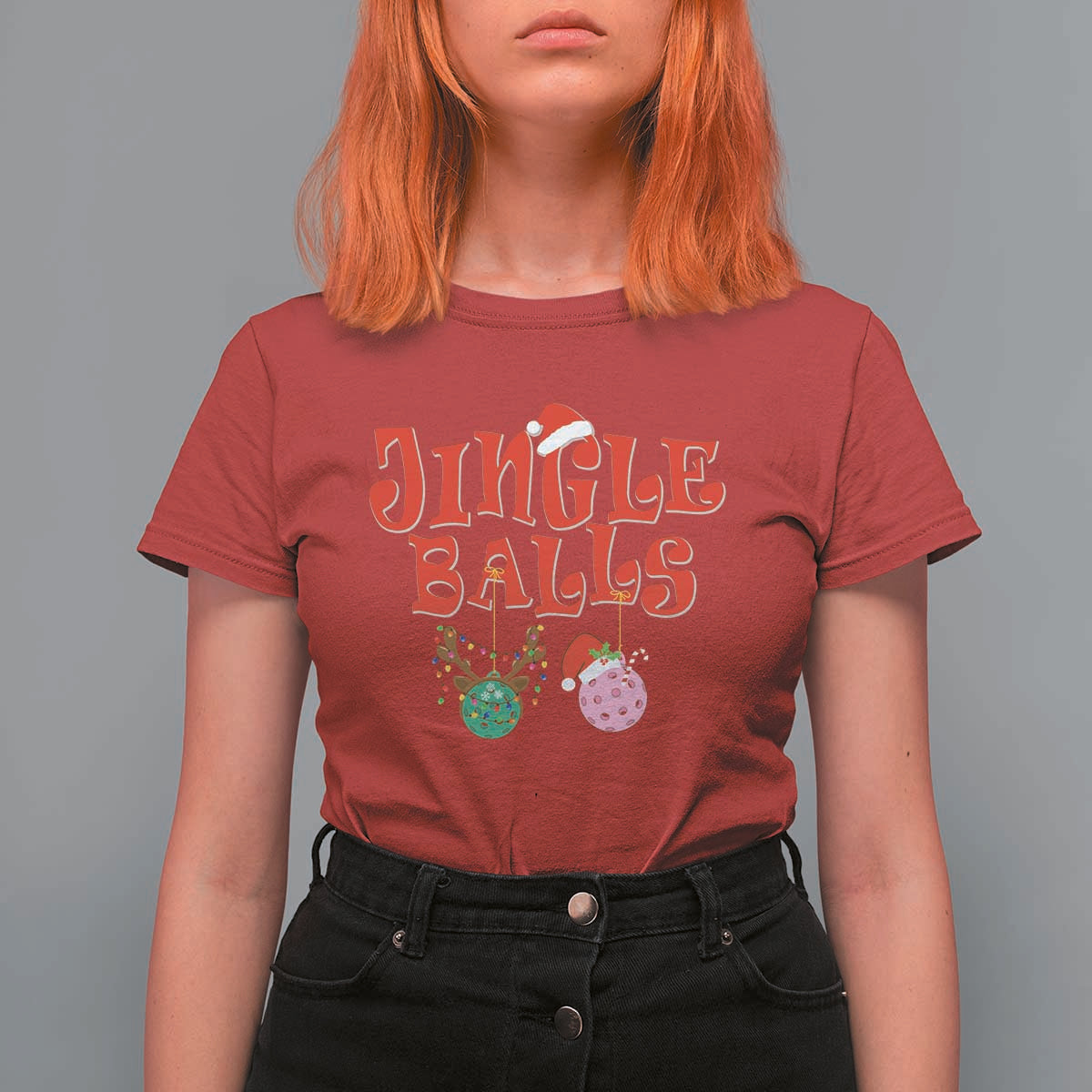 Funny Christmas Pickleball T Shirt For Women Jingle Balls Reindeer Santa Hat Ball - Wonder Print Shop