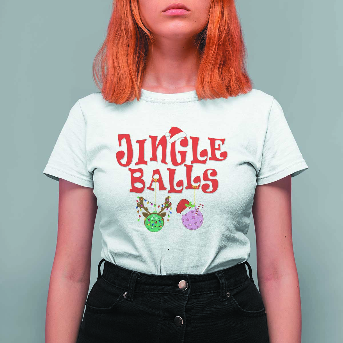 Funny Christmas Pickleball T Shirt For Women Jingle Balls Reindeer Santa Hat Ball - Wonder Print Shop