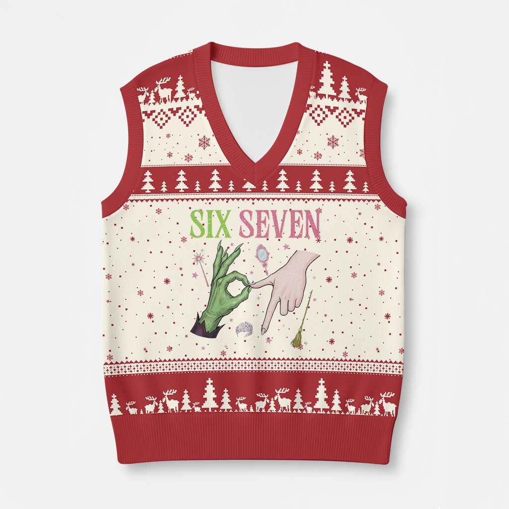 Funny Six Seven Witch Pink And Green Broomstick Magic Wand V-Neck Knit Sweater Vest - Wonder Print Shop