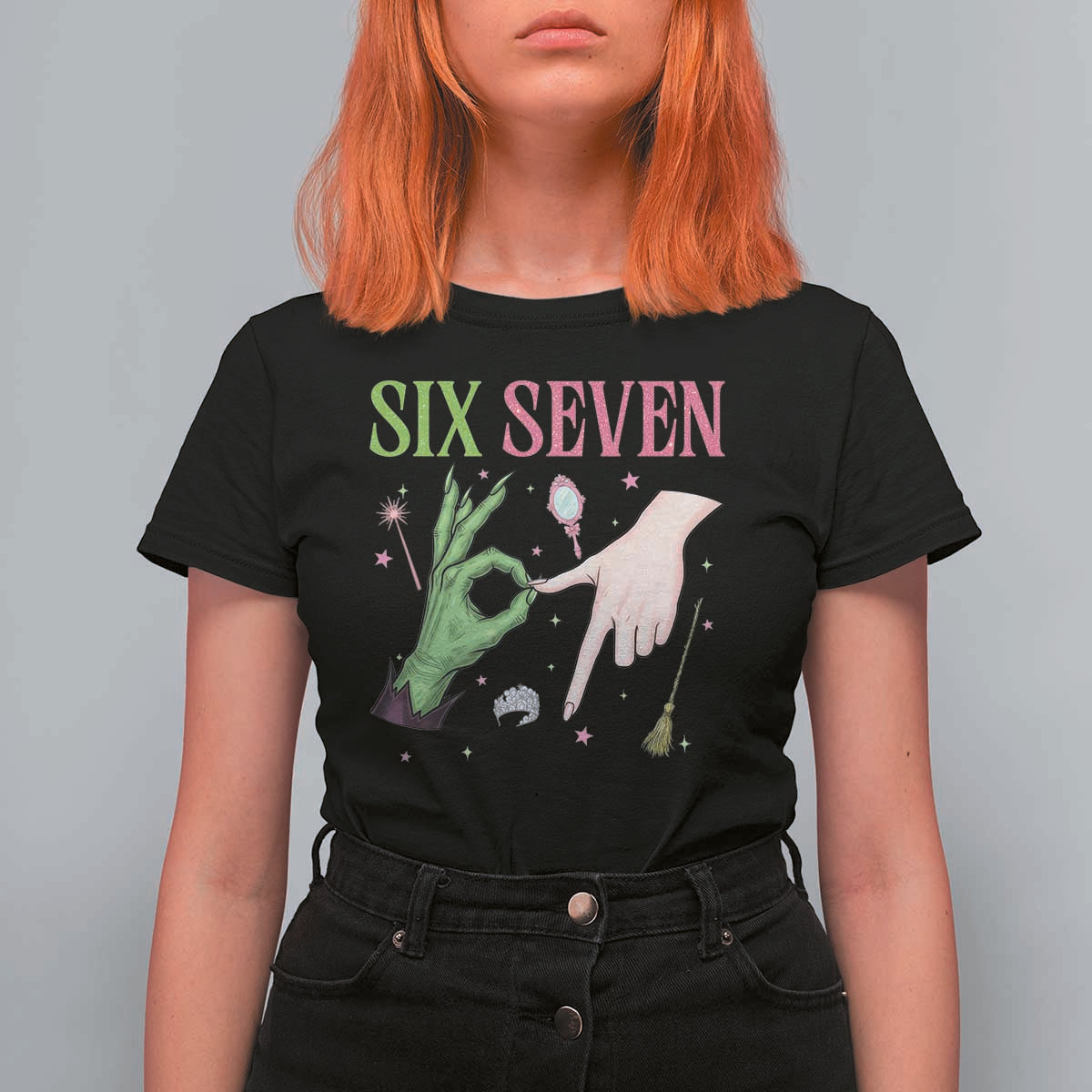 Funny Six Seven Witch Pink And Green Broomstick Magic Wand T Shirt For Women - Wonder Print Shop