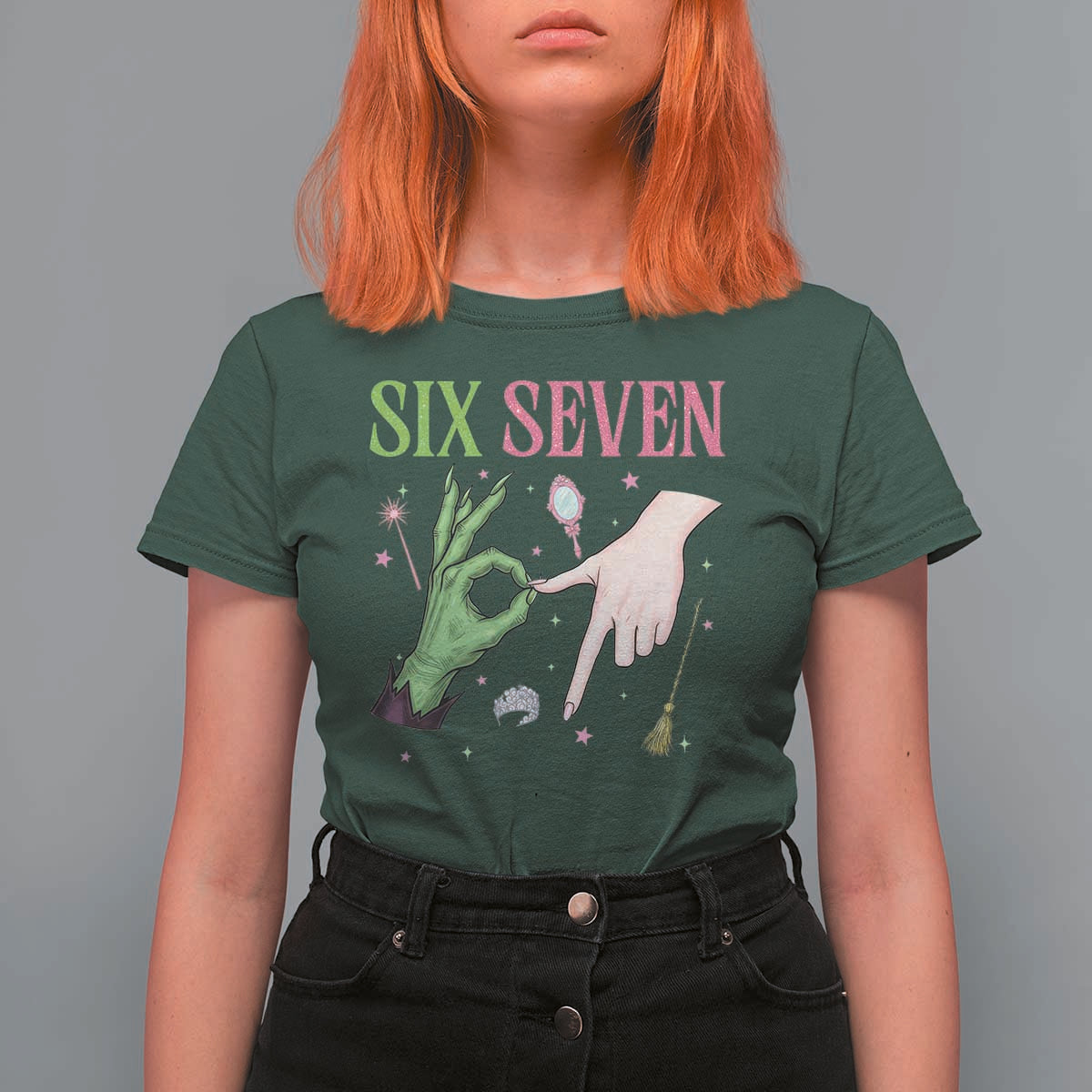 Funny Six Seven Witch Pink And Green Broomstick Magic Wand T Shirt For Women - Wonder Print Shop