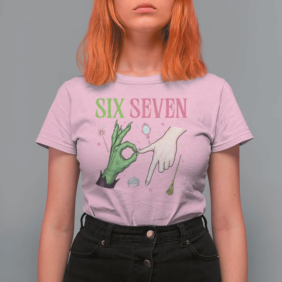Funny Six Seven Witch Pink And Green Broomstick Magic Wand T Shirt For Women - Wonder Print Shop