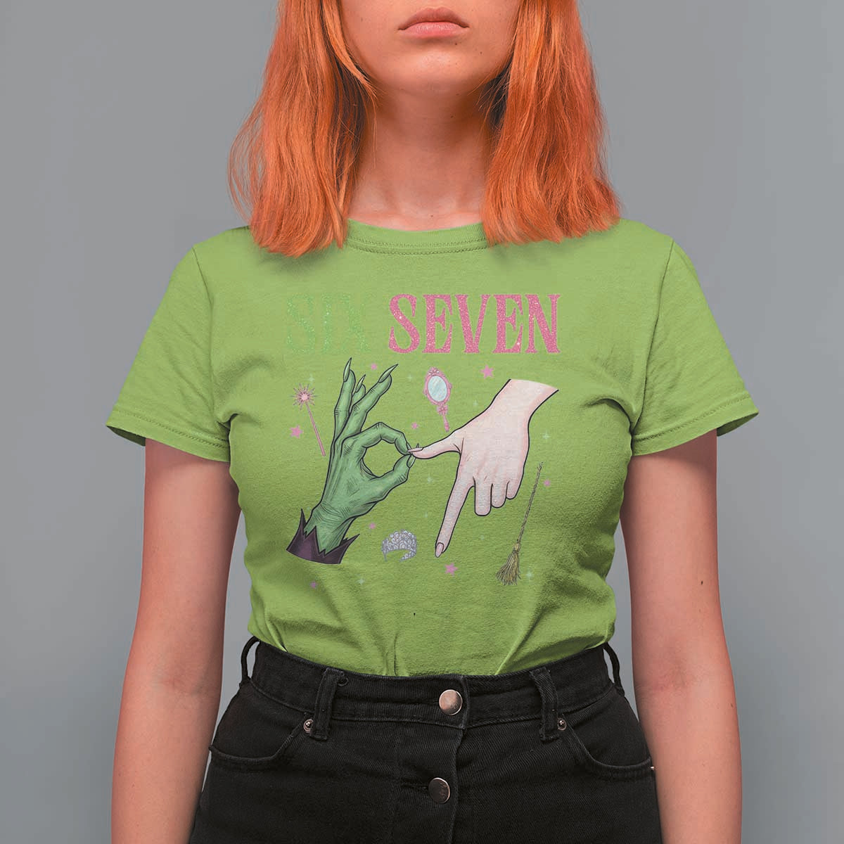 Funny Six Seven Witch Pink And Green Broomstick Magic Wand T Shirt For Women - Wonder Print Shop