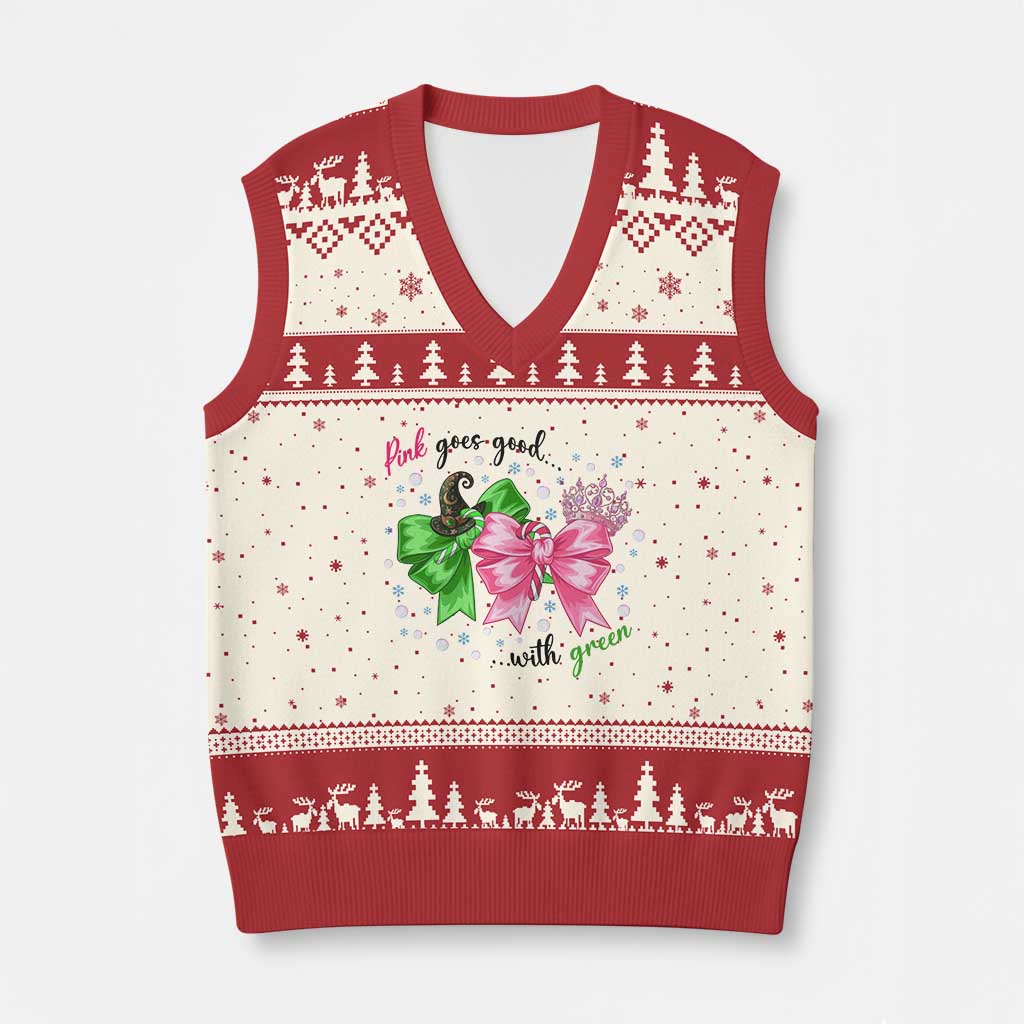 Funny Christmas Witch Pink Goes Good With Green V-Neck Knit Sweater Vest - Wonder Print Shop