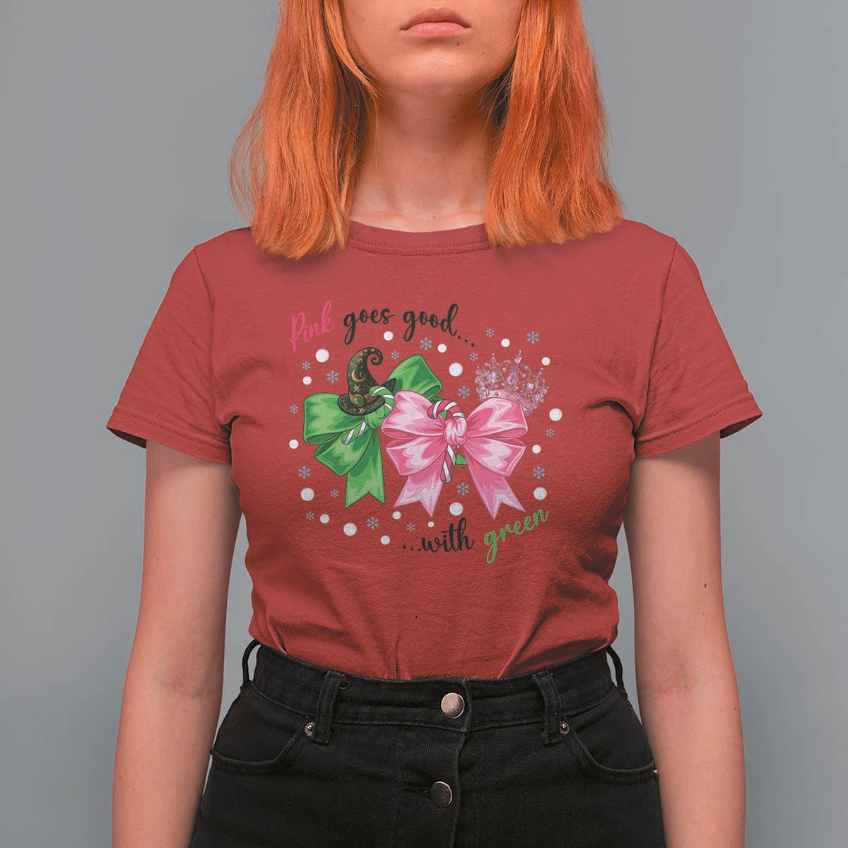 Funny Christmas Witch Pink Goes Good With Green T Shirt For Women - Wonder Print Shop