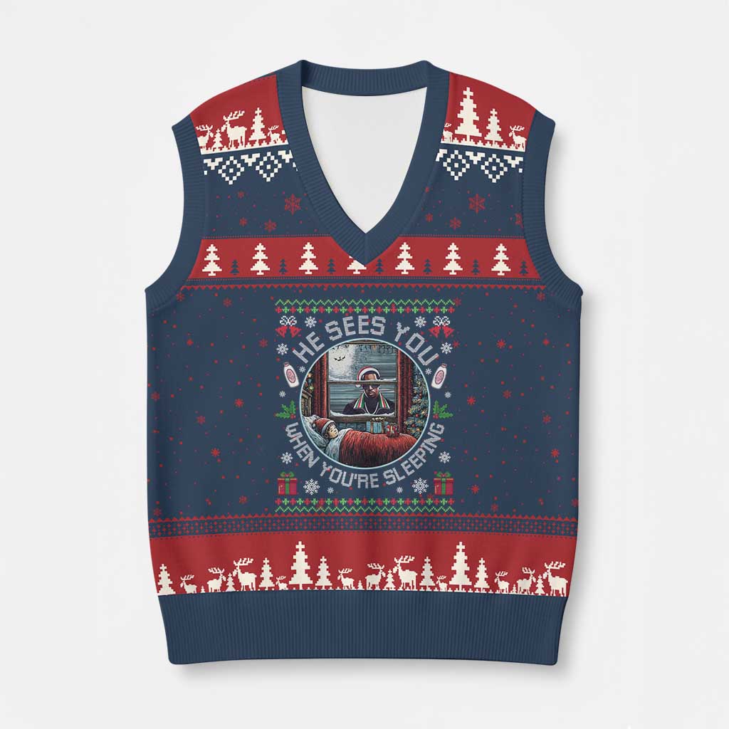 Funny Xmas Diddy V-Neck Knit Sweater Vest He Sees You When You Are Sleeping Baby Oil Ugly Xmas - Wonder Print Shop