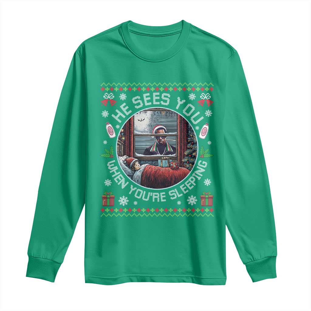 Funny Christmas Diddy Long Sleeve Shirt He Sees You When You Are Sleeping Baby Oil Ugly Xmas - Wonder Print Shop