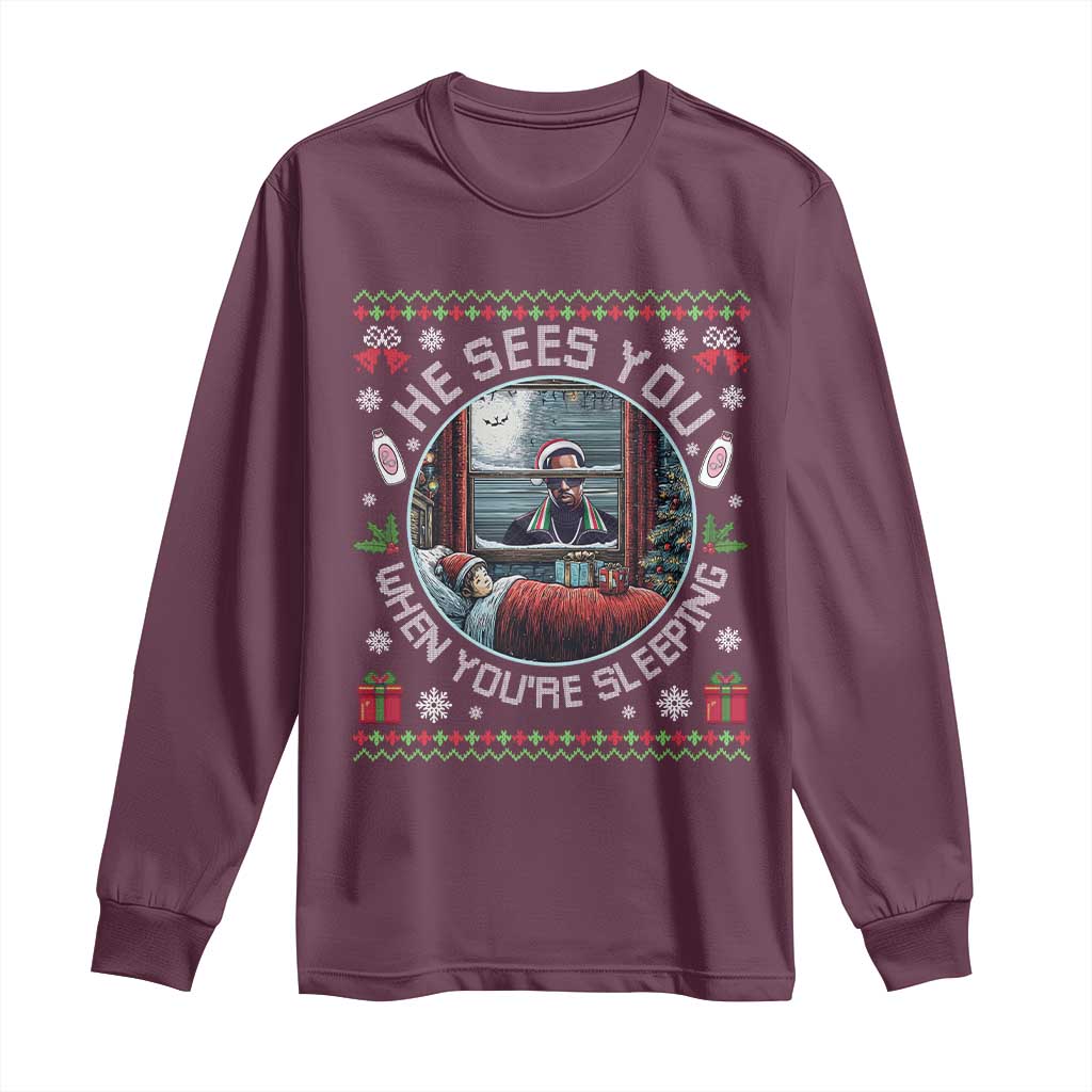 Funny Christmas Diddy Long Sleeve Shirt He Sees You When You Are Sleeping Baby Oil Ugly Xmas - Wonder Print Shop