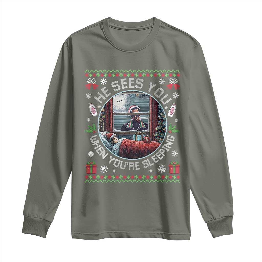 Funny Christmas Diddy Long Sleeve Shirt He Sees You When You Are Sleeping Baby Oil Ugly Xmas - Wonder Print Shop