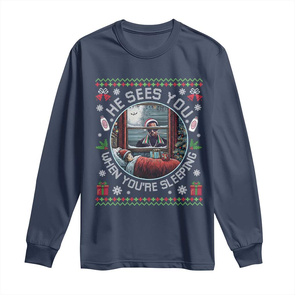 Funny Christmas Diddy Long Sleeve Shirt He Sees You When You Are Sleeping Baby Oil Ugly Xmas - Wonder Print Shop