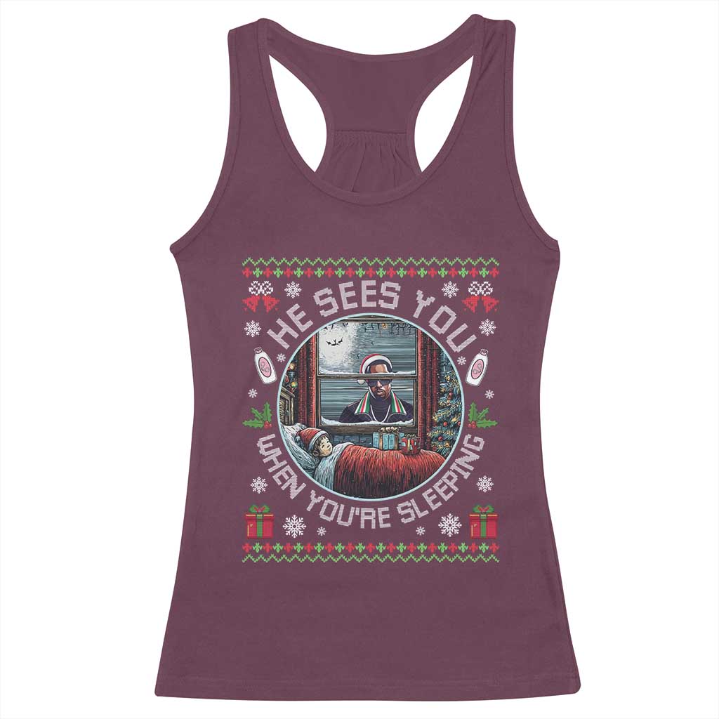 Funny Christmas Diddy Racerback Tank Top He Sees You When You Are Sleeping Baby Oil Ugly Xmas - Wonder Print Shop
