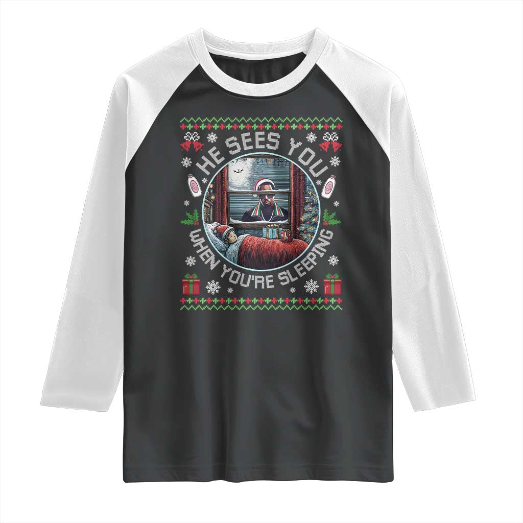 Funny Christmas Diddy Raglan Shirt He Sees You When You Are Sleeping Baby Oil Ugly Xmas - Wonder Print Shop