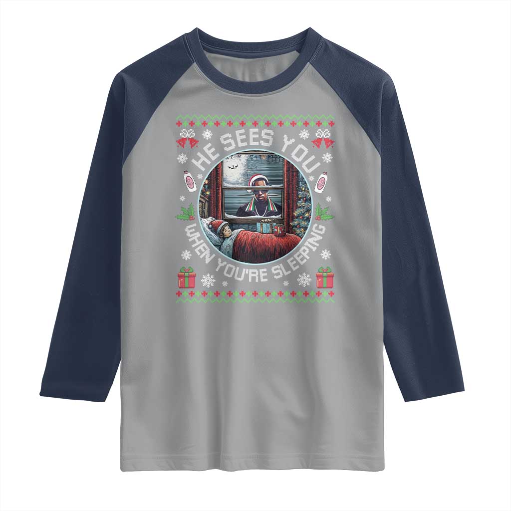 Funny Christmas Diddy Raglan Shirt He Sees You When You Are Sleeping Baby Oil Ugly Xmas - Wonder Print Shop