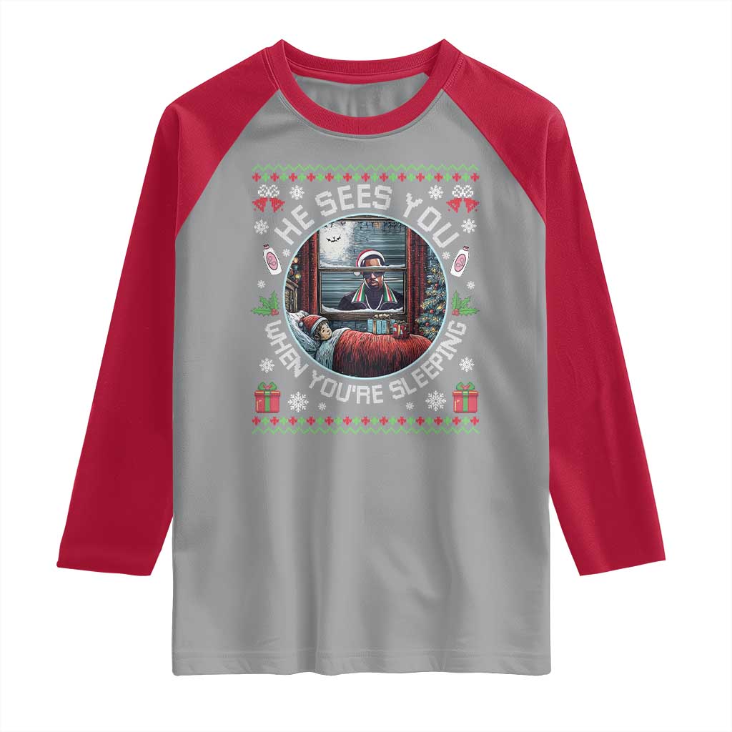 Funny Christmas Diddy Raglan Shirt He Sees You When You Are Sleeping Baby Oil Ugly Xmas - Wonder Print Shop
