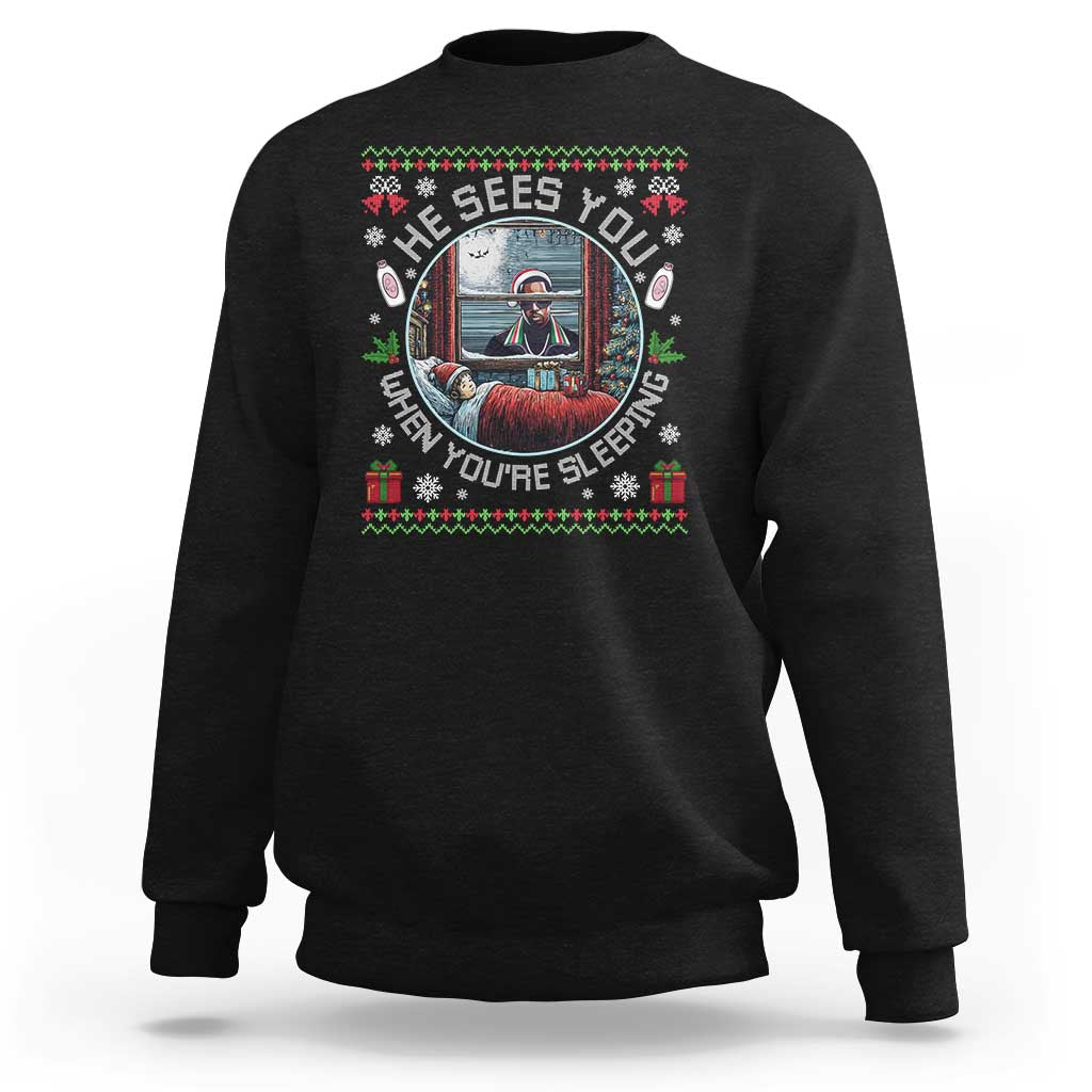 Funny Christmas Diddy Sweatshirt He Sees You When You Are Sleeping Baby Oil Ugly Xmas - Wonder Print Shop