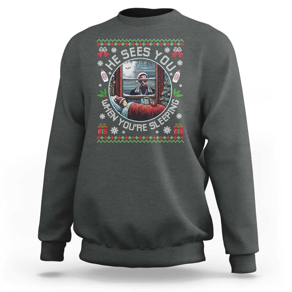 Funny Christmas Diddy Sweatshirt He Sees You When You Are Sleeping Baby Oil Ugly Xmas - Wonder Print Shop