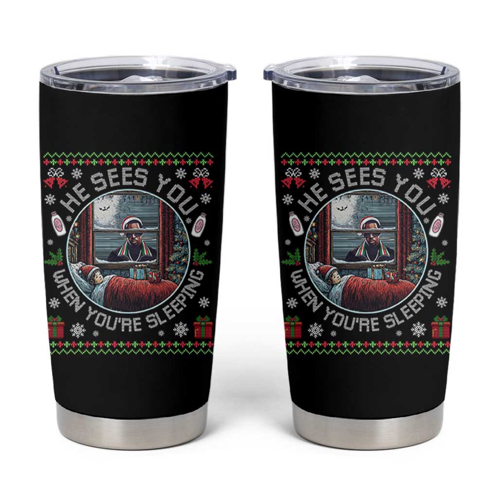Funny Christmas Diddy Tumbler Cup He Sees You When You Are Sleeping Baby Oil Ugly Xmas - Wonder Print Shop