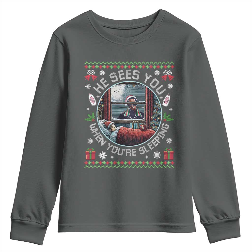 Funny Christmas Diddy Youth Sweatshirt He Sees You When You Are Sleeping Baby Oil Ugly Xmas - Wonder Print Shop