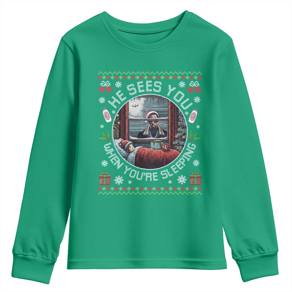 Funny Christmas Diddy Youth Sweatshirt He Sees You When You Are Sleeping Baby Oil Ugly Xmas - Wonder Print Shop