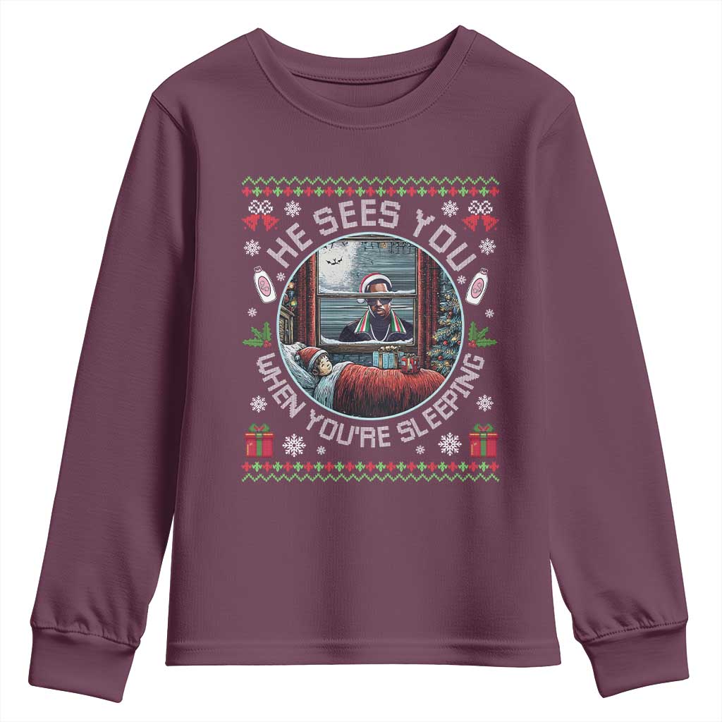 Funny Christmas Diddy Youth Sweatshirt He Sees You When You Are Sleeping Baby Oil Ugly Xmas - Wonder Print Shop