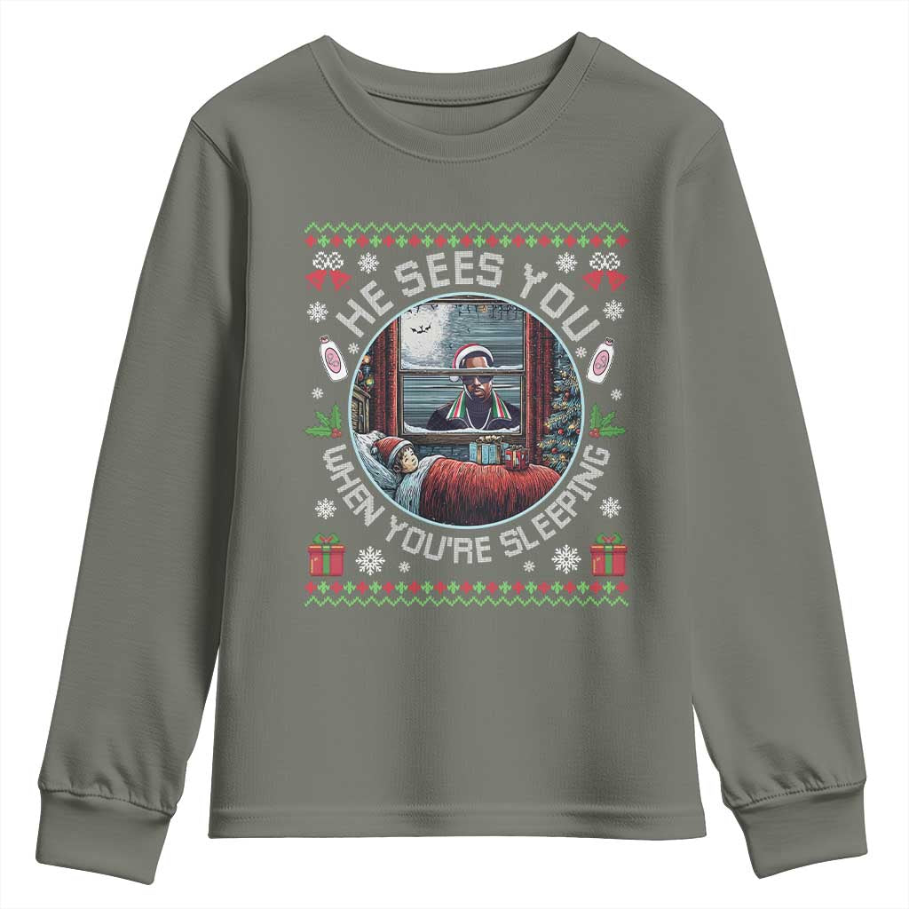 Funny Christmas Diddy Youth Sweatshirt He Sees You When You Are Sleeping Baby Oil Ugly Xmas - Wonder Print Shop