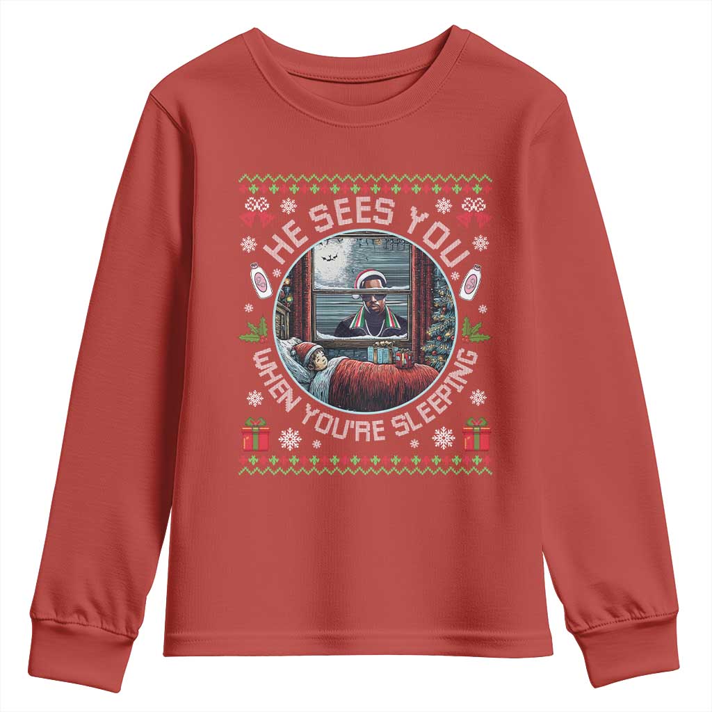 Funny Christmas Diddy Youth Sweatshirt He Sees You When You Are Sleeping Baby Oil Ugly Xmas - Wonder Print Shop