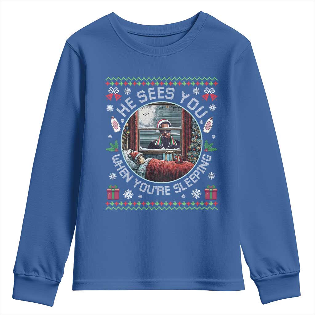 Funny Christmas Diddy Youth Sweatshirt He Sees You When You Are Sleeping Baby Oil Ugly Xmas - Wonder Print Shop
