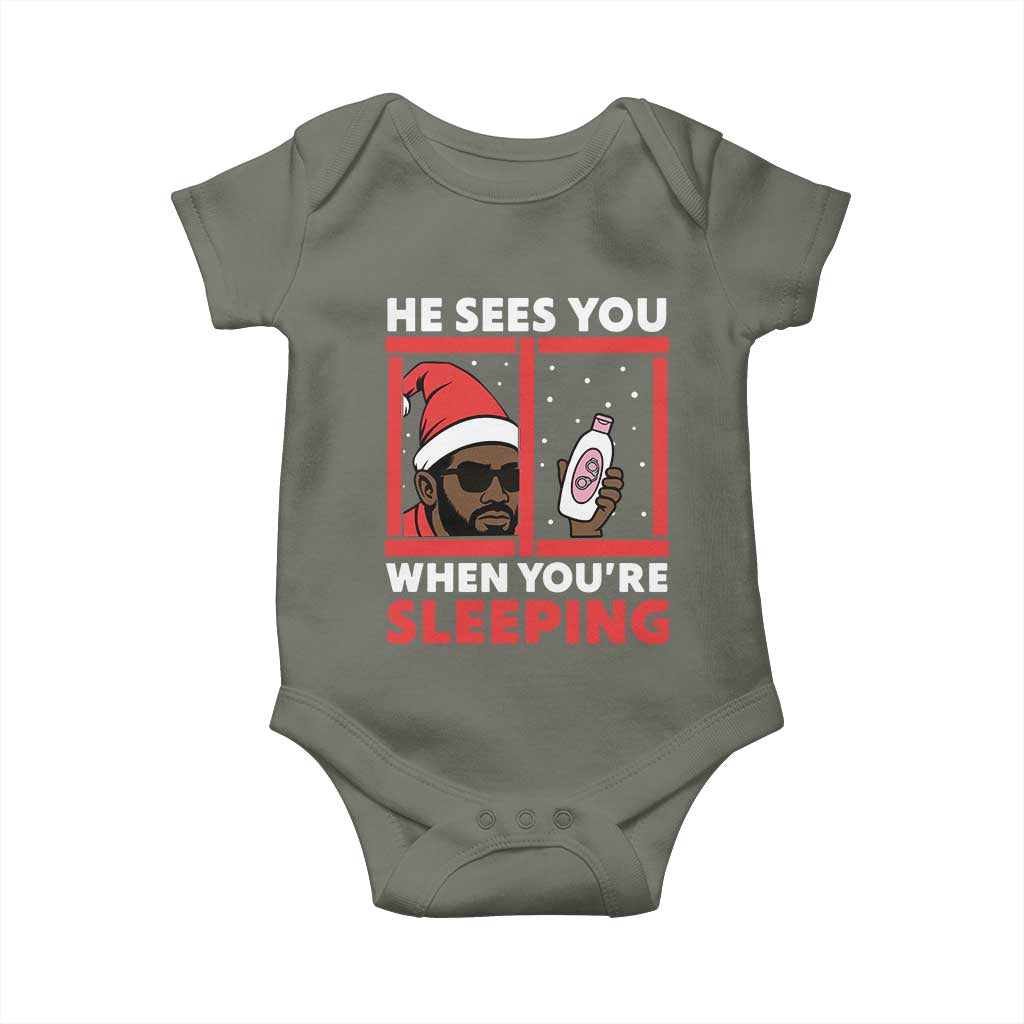 Funny Christmas Diddy Baby Onesie He Sees You When You Are Sleeping Baby Oil - Wonder Print Shop
