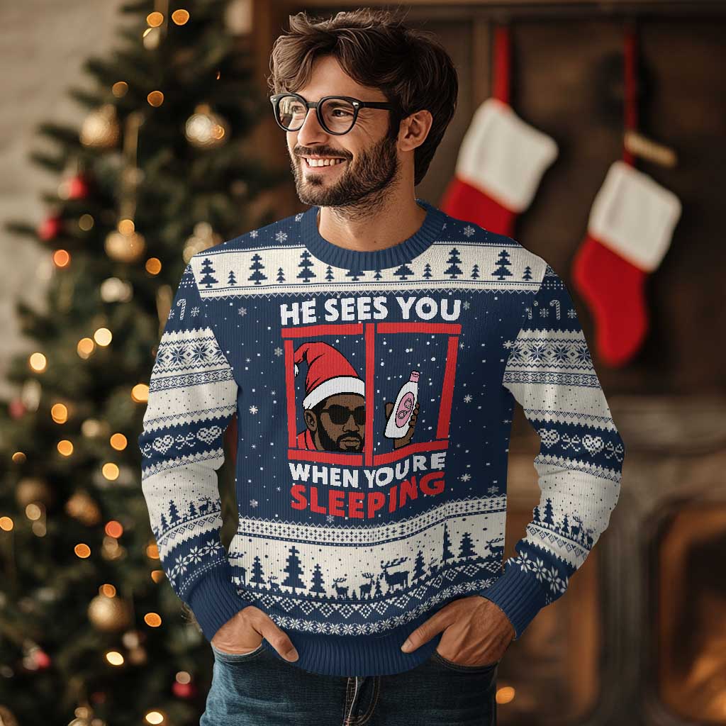 Funny Xmas Diddy Ugly Christmas Sweater He Sees You When You Are Sleeping Baby Oil - Wonder Print Shop