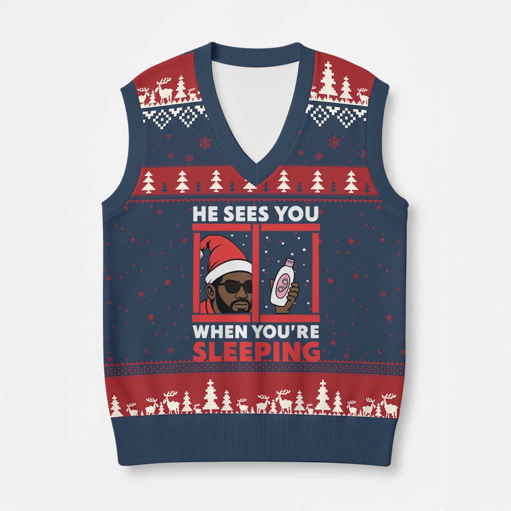Funny Xmas Diddy V-Neck Knit Sweater Vest He Sees You When You Are Sleeping Baby Oil - Wonder Print Shop
