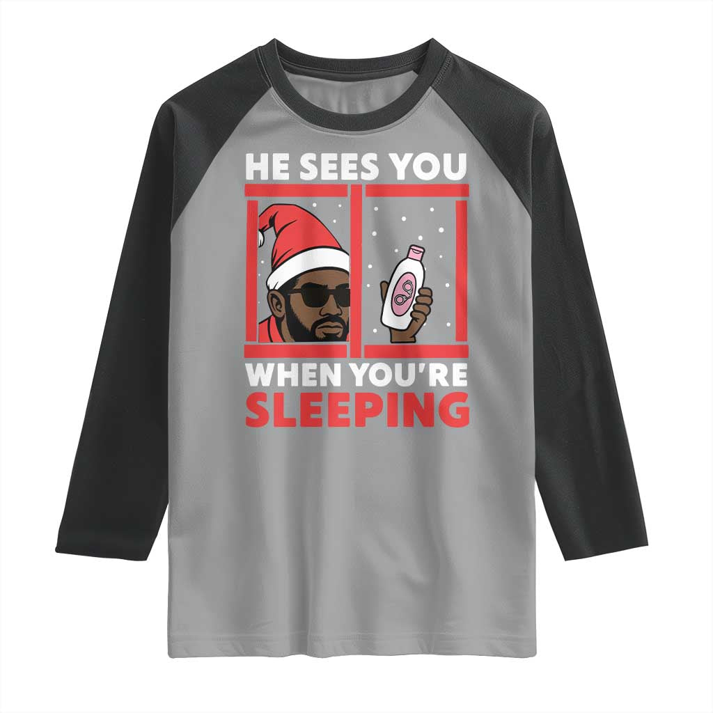 Funny Christmas Diddy Raglan Shirt He Sees You When You Are Sleeping Baby Oil - Wonder Print Shop