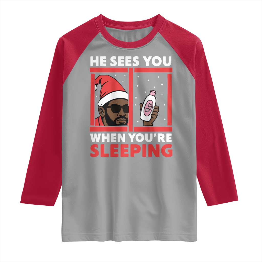 Funny Christmas Diddy Raglan Shirt He Sees You When You Are Sleeping Baby Oil - Wonder Print Shop