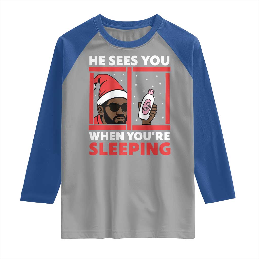 Funny Christmas Diddy Raglan Shirt He Sees You When You Are Sleeping Baby Oil - Wonder Print Shop