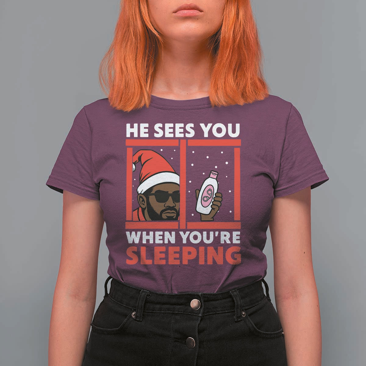 Funny Christmas Diddy T Shirt For Women He Sees You When You Are Sleeping Baby Oil - Wonder Print Shop