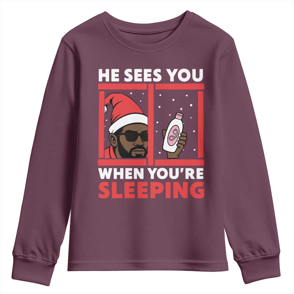 Funny Christmas Diddy Youth Sweatshirt He Sees You When You Are Sleeping Baby Oil - Wonder Print Shop