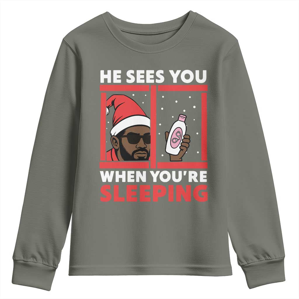 Funny Christmas Diddy Youth Sweatshirt He Sees You When You Are Sleeping Baby Oil - Wonder Print Shop