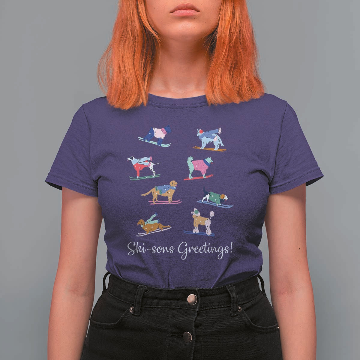 Funny Skiing Dog T Shirt For Women Ski Sons Greetings Ski Winter Sport - Wonder Print Shop