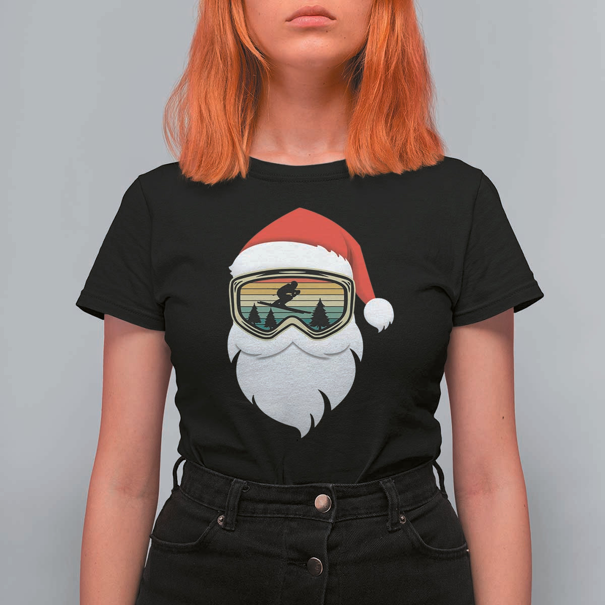 Funny Ski Christmas Winter Sport Skiing Santa Hat T Shirt For Women - Wonder Print Shop