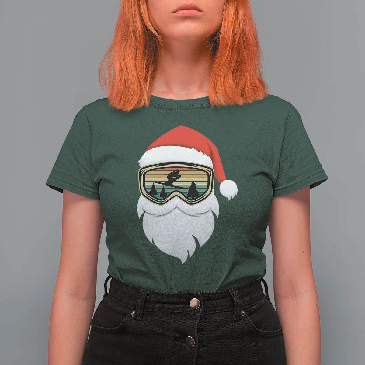 Funny Ski Christmas Winter Sport Skiing Santa Hat T Shirt For Women - Wonder Print Shop