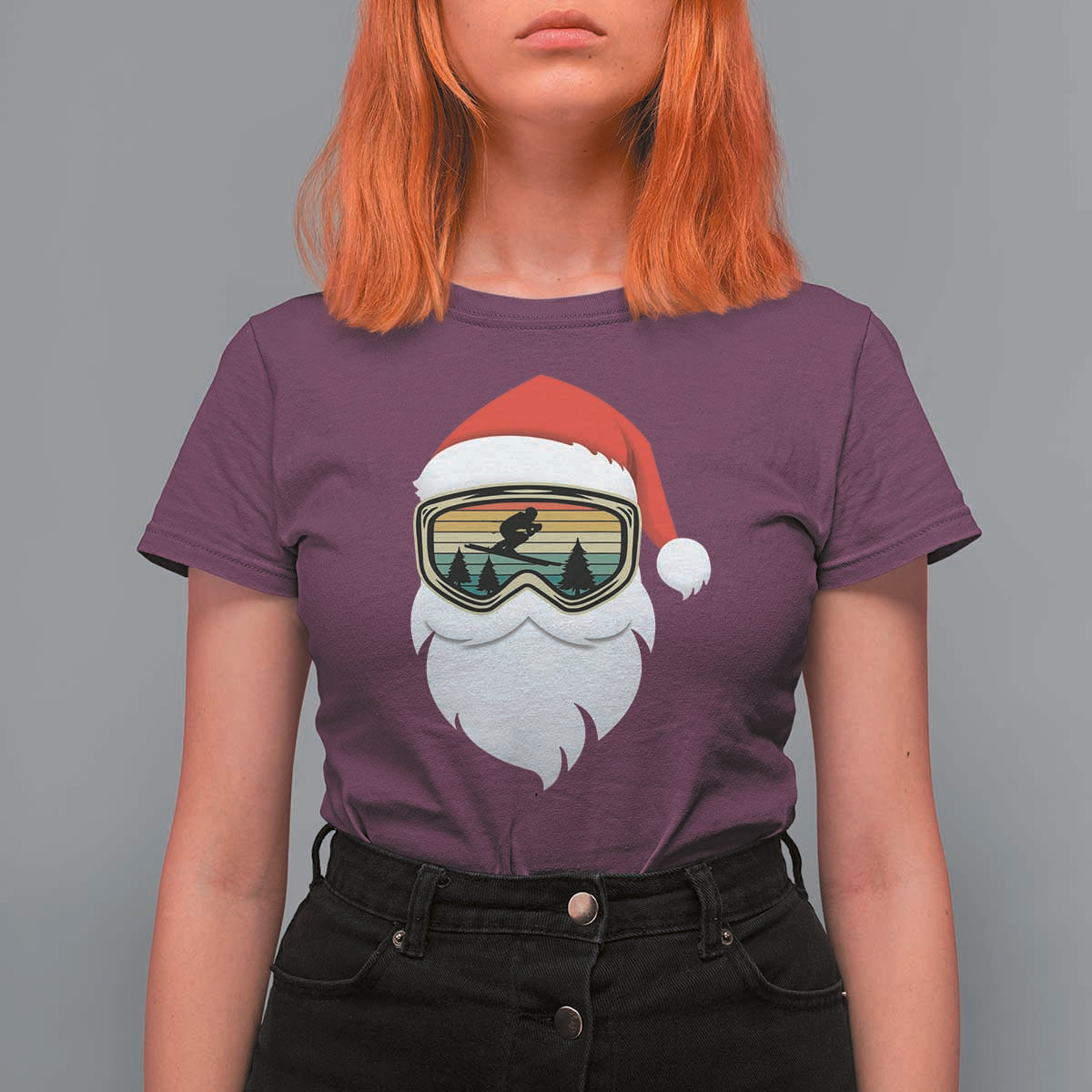 Funny Ski Christmas Winter Sport Skiing Santa Hat T Shirt For Women - Wonder Print Shop