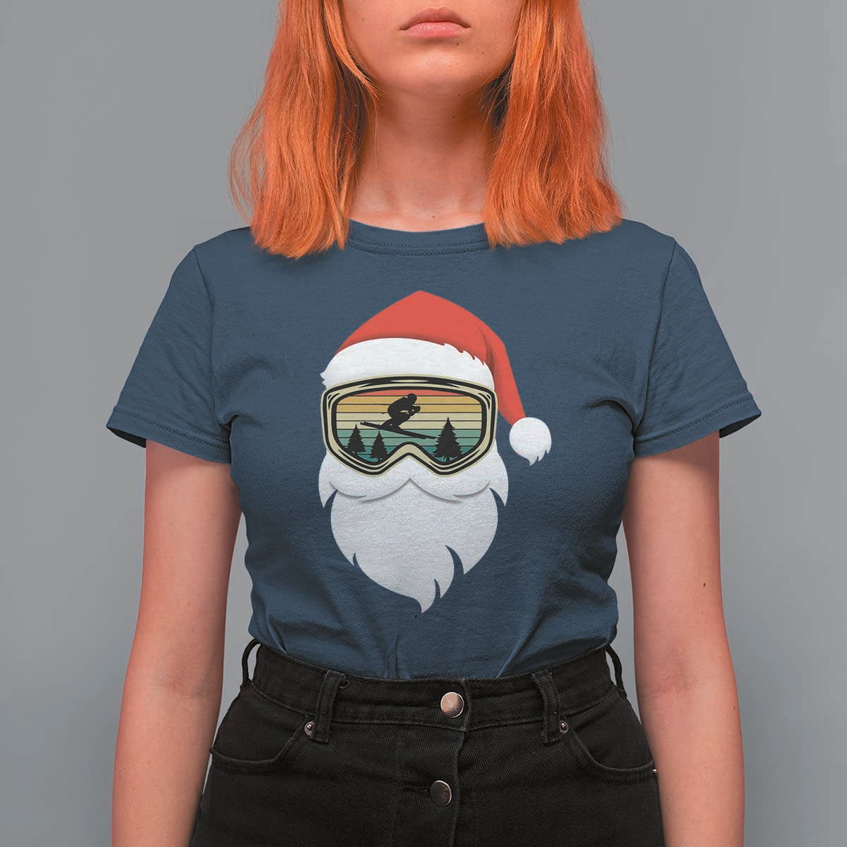 Funny Ski Christmas Winter Sport Skiing Santa Hat T Shirt For Women - Wonder Print Shop