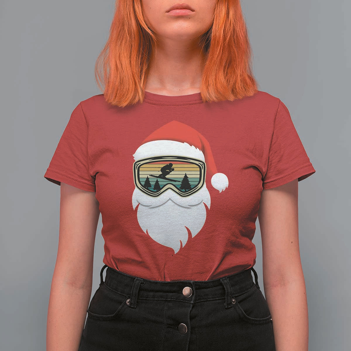 Funny Ski Christmas Winter Sport Skiing Santa Hat T Shirt For Women - Wonder Print Shop
