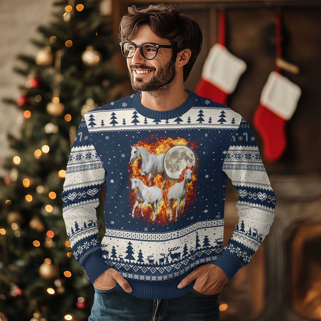 3 Fire Horses Moon Equestrian Ugly Christmas Sweater Year Of The Fire Horse Joke