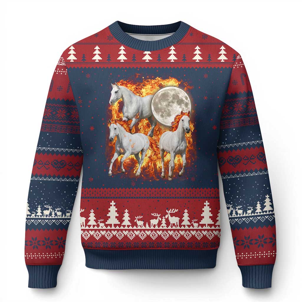 3 Fire Horses Moon Equestrian Ugly Christmas Sweater Year Of The Fire Horse Joke