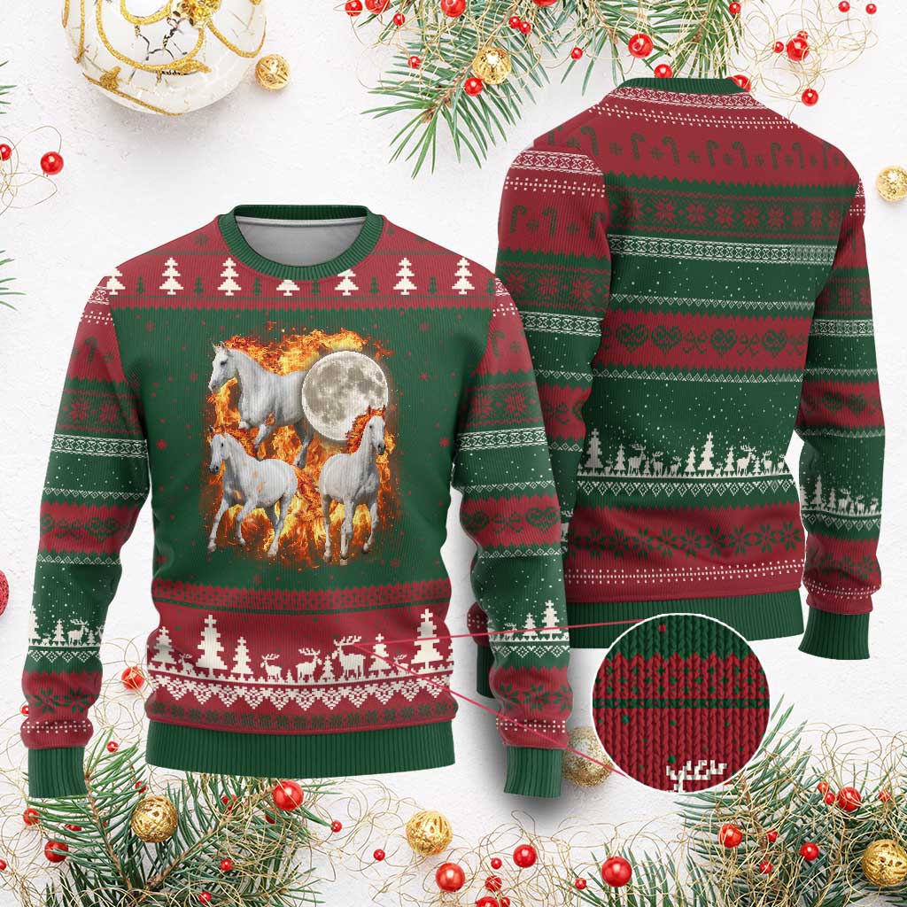 3 Fire Horses Moon Equestrian Ugly Christmas Sweater Year Of The Fire Horse Joke