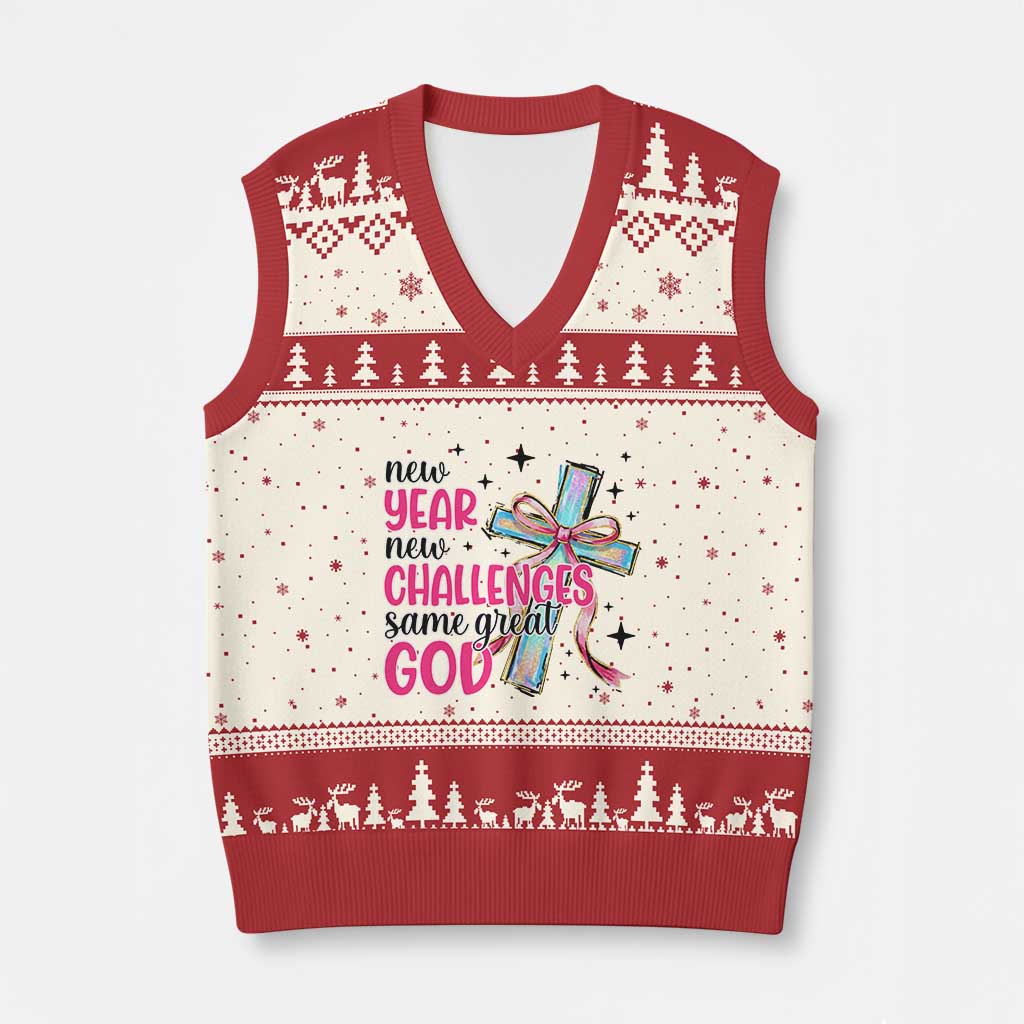 New Year New Challenges Same Great God V-Neck Knit Sweater Vest Christian New Year Eve - Wonder Print Shop