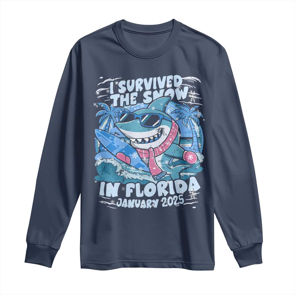 Funny I Survived The Snow In Florida 2025 Long Sleeve Shirt Shark